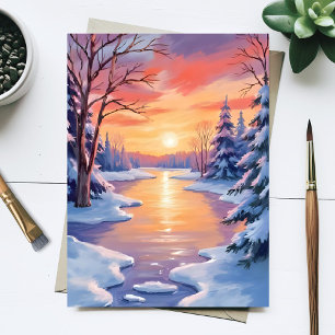 Vinterflodslandskap vid solnedgång Snö Akvarell Vykort