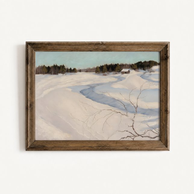 Vinterflodsstugelandskapsaffisch Poster (Winter River Cabin Wall Art Poster - close-up view (frame/decor not included))