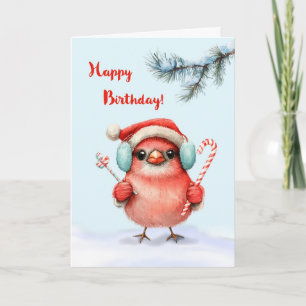 Vinterfödelsedag Cute Bird in Santa Hat with Candy Kort