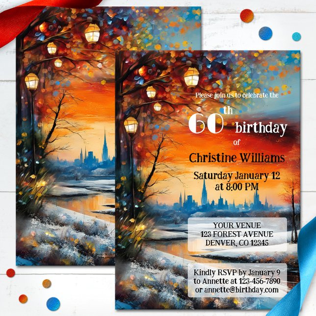 VinterFödelsedagsfest för festlig Vuxen Inbjudningar (Adult birthday invitation featuring a whimsical painting of a winter landscape with festive lanterns)