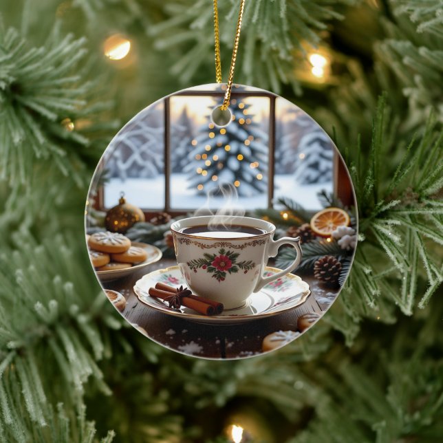 Vinterfönsterscen för julkaffe och cookies julgransprydnad keramik (Träd)