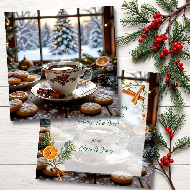 Vinterfönsterscen för julkaffe och cookies kort (Skapare uppladdad)