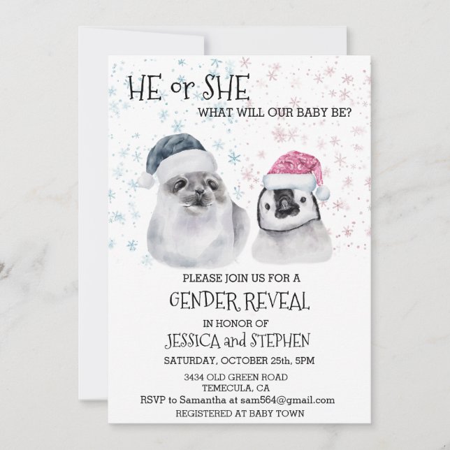 Vinterförseglingen Penguin Gender Reveal Inbjudningar (Framsida)