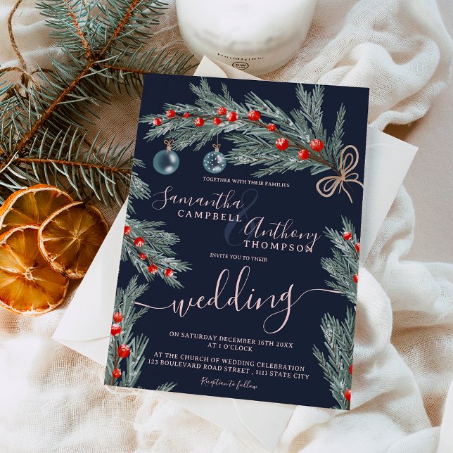 Vinterfoto för grönt gräs inbjudningar (Green pine Christmas winter photo wedding Invitation)