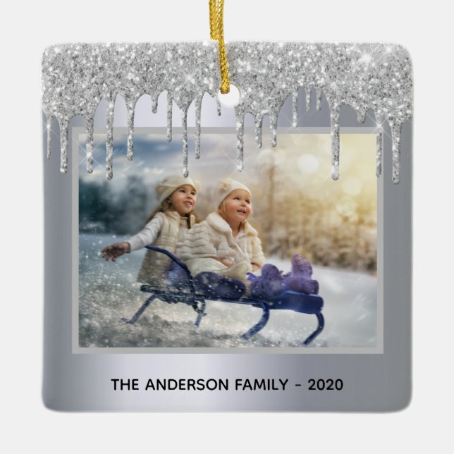 Vinterfoto på julen i silver glitter julgransprydnad keramik (Framsida)