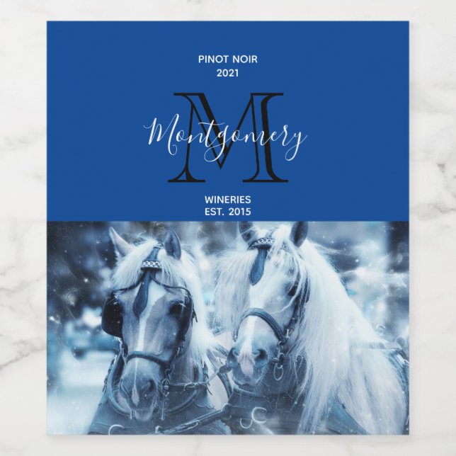 Vinterfoto Vin Skapar Vacker Horse Team Winter Pho Vinflaska Etikett (Singel etikett)
