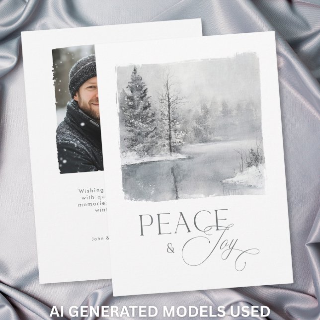 Vinterfrid och glädje Vattenfärg Foto Högtid Julkort (Winter Moon Peace and Joy Watercolor Photo Holiday Card)