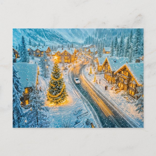 Vinterfylld bergsby med juldekorationer helg vykort (Framsida)