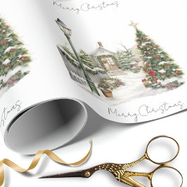 Vintergård med vattenfärgstall, tall och julgran presentpapper