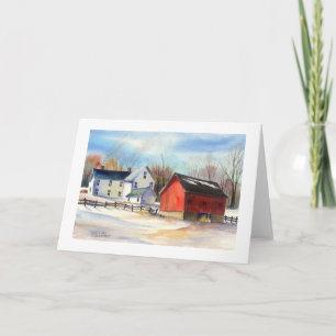 Vintergård och röd lada helgkort