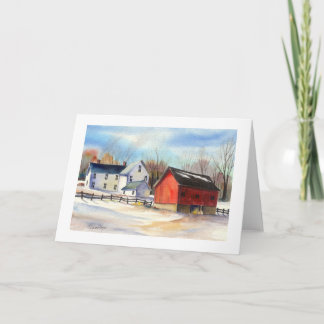 Vintergård och röd lada helgkort