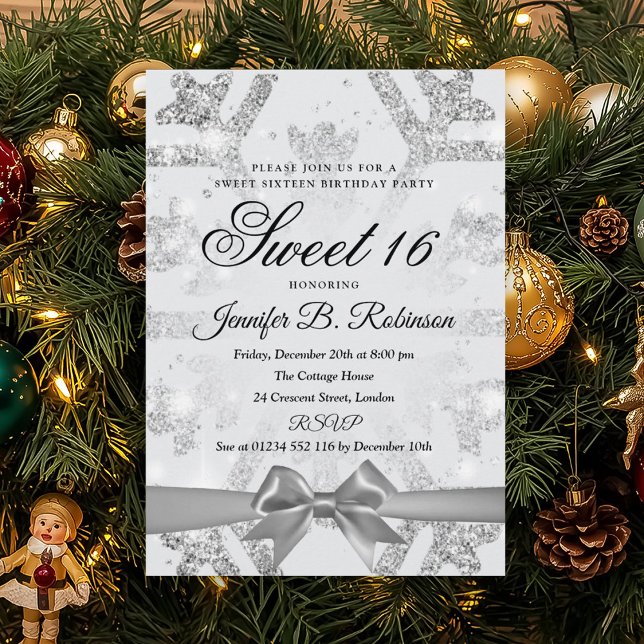 Vinterglitter & band söta 16-årsfest inbjudningar (Winter Glitter & Ribbon Sweet 16 Birthday Party Invitation)