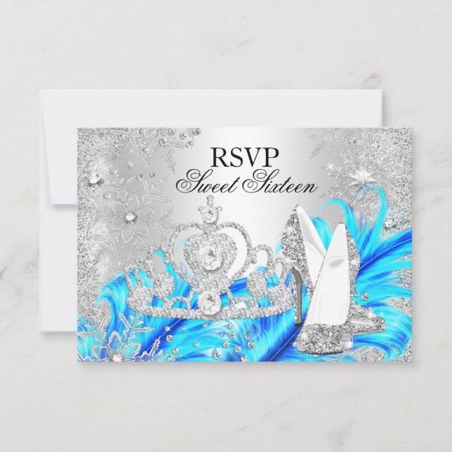 Vinterglitter Snöflinga Blå Sweet 16 RSVP OSA Kort (Framsida)