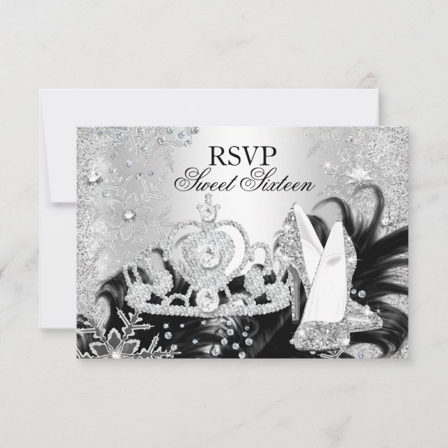 Vinterglitter Snöflinga Silver Sweet 16 RSVP Inbjudningar (Framsida)