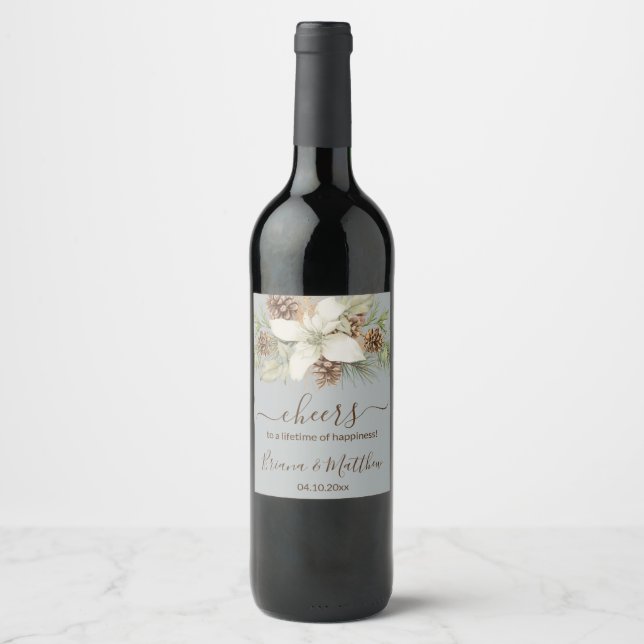 Vintergrå elegant scriptbröllop vinflaska etikett (Framsida)