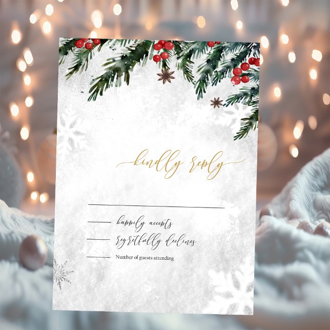 Vintergrenar Röda Bär Snöflinga Bröllop RSVP Inbjudningar (Skapare uppladdad)