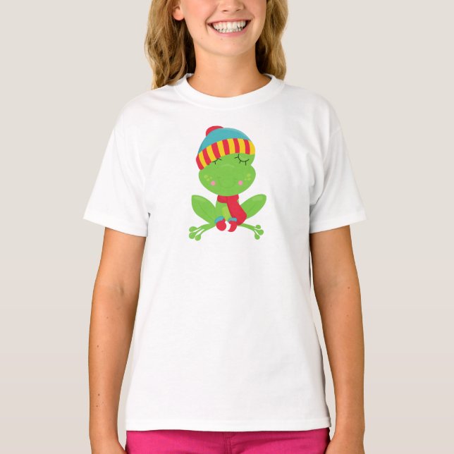 Vintergrodor, cute Frog, Grönt Frog, Hat, Scarf T Shirt (Framsida)