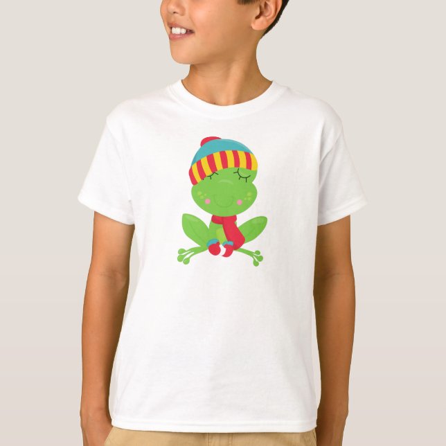 Vintergrodor, cute Frog, Grönt Frog, Hat, Scarf T Shirt (Framsida)