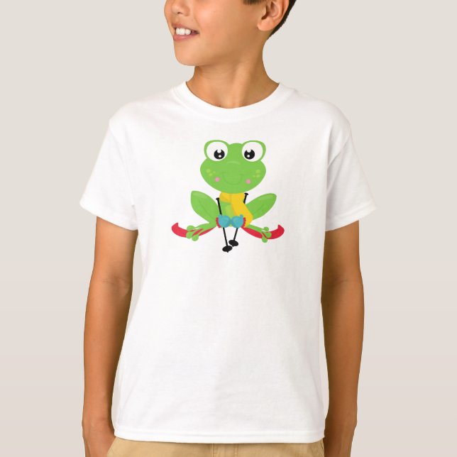 Vintergrog, Cute Frog, Grönt Frog, Skis, Skiing T Shirt (Framsida)
