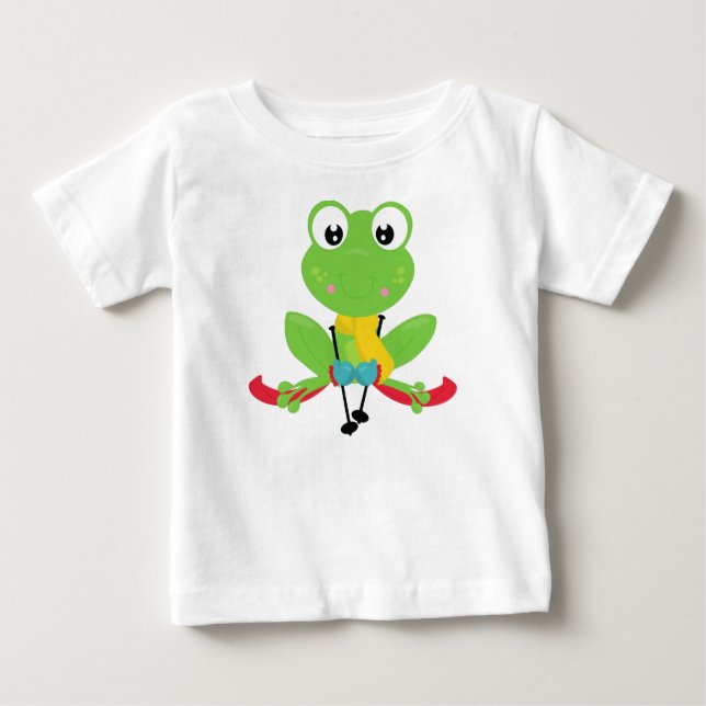 Vintergrog, Cute Frog, Grönt Frog, Skis, Skiing T Shirt (Framsida)