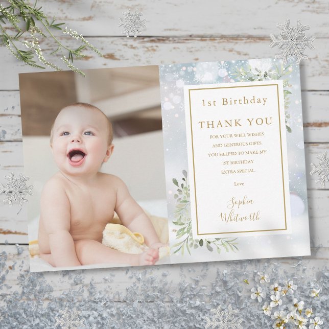 Vintergrön 1-års födelsedagsfoto tack kort (Winter Greenery 1st Birthday Photo Thank You Card)