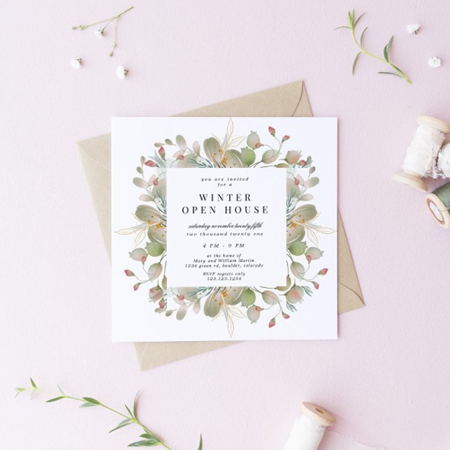 Vintergrön Elegant Fyrkantig Öppen Hus-Invitation Inbjudningar (Skapare uppladdad)