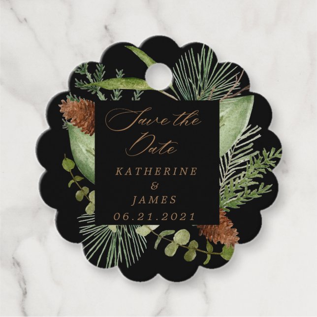 vintergrön elegant spara datumet gåvor etiketter (Framsida)