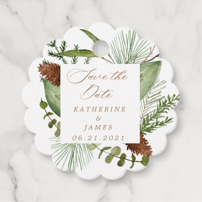 vintergrön elegant spara datumet gåvor etiketter (Framsida)