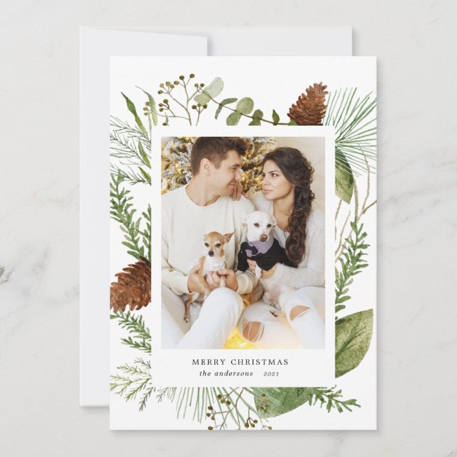 Vintergrön god jul-fotokort julkort (Framsida)