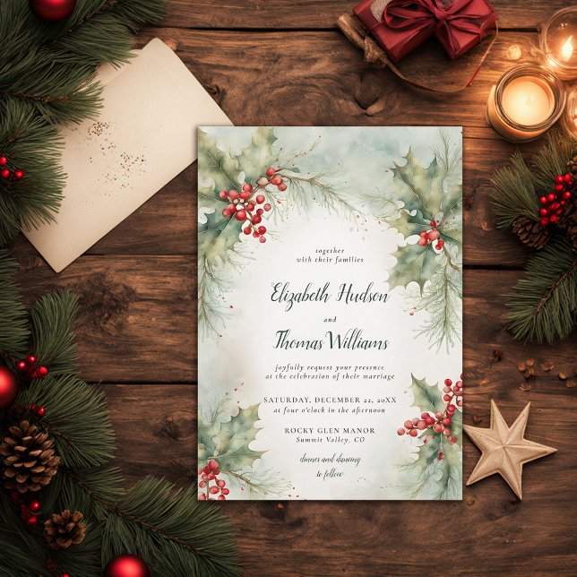Vintergrön jul Modern Vintage bröllop Inbjudningar (winter wedding invitation christmas berries elegant rustic modern vintage watercolor calligraphy)