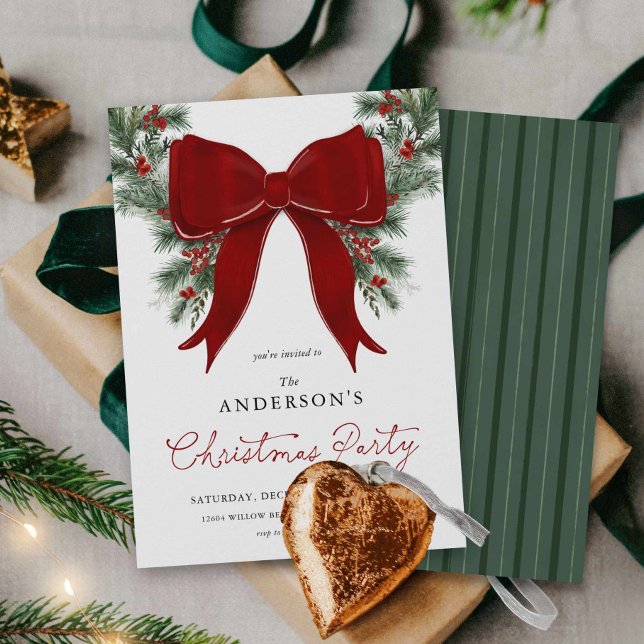 Vintergrön julfestinbjudan inbjudningar (Red Bow and Wreath Christmas Party Invitation)