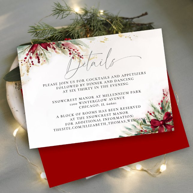 Vintergrön julkransbåge Röd bröllopsdetalj Tilläggskort (winter wedding details enclosure christmas bow greenery berries watercolor elegant calligraphy)