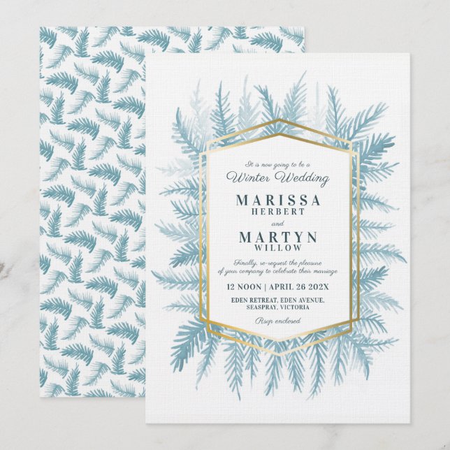 Vintergrön konst blått omschemalagt bröllop inbjudningar (Fram/baksida)