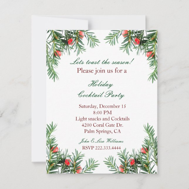 Vintergrön och röd bärhelgdaginbjudan inbjudningar (Framsida)