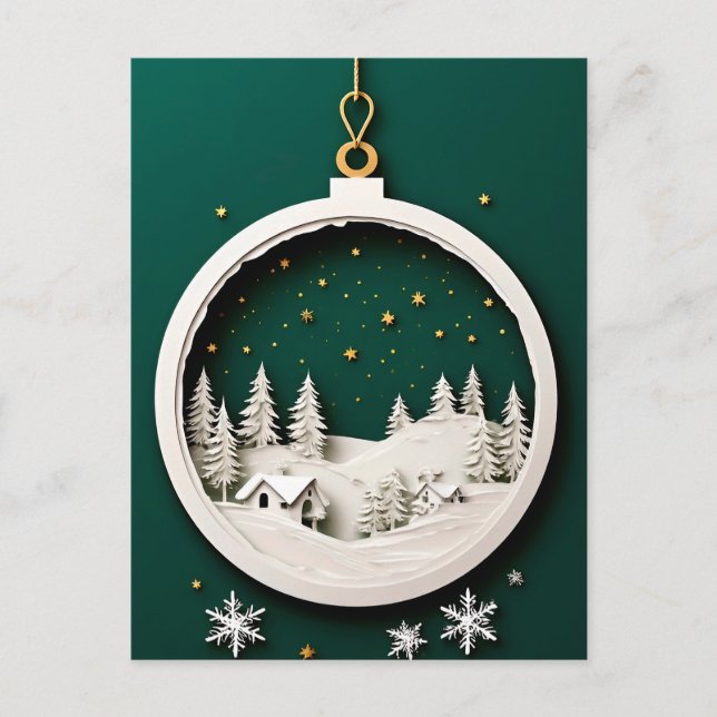 🎄 Vintergrön prydnadsberlock ❄️ Snöflinga Vykort (Framsida)