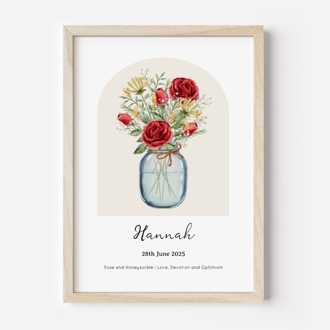 Vintergrön Ros Födelsemånad Blomma Affisch (Personalised June Birth Month Flower Bouquet in Vase Poster | Rose and Honeysuckle.)