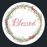 Vintergrönhet Bär Krans Jul Välsignad Runt Klistermärke<br><div class="desc">Elegant och modern festlig kuvertförsegling eller presentetikett för jul med texten 'Välsignad' i röd chic kalligrafi och en stilren vintergrön krans med bär. Exklusivt designad för dig av Happy Dolphin Studio. Om du behöver hjälp eller matchande produkter,  vänligen kontakta oss på happydolphinstudio.com.</div>