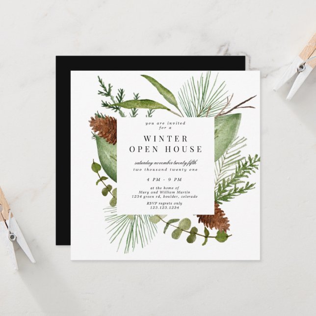 Vintergrönhet Elegant fyrkantig öppen inbjudan (Fram/Back In Situ)