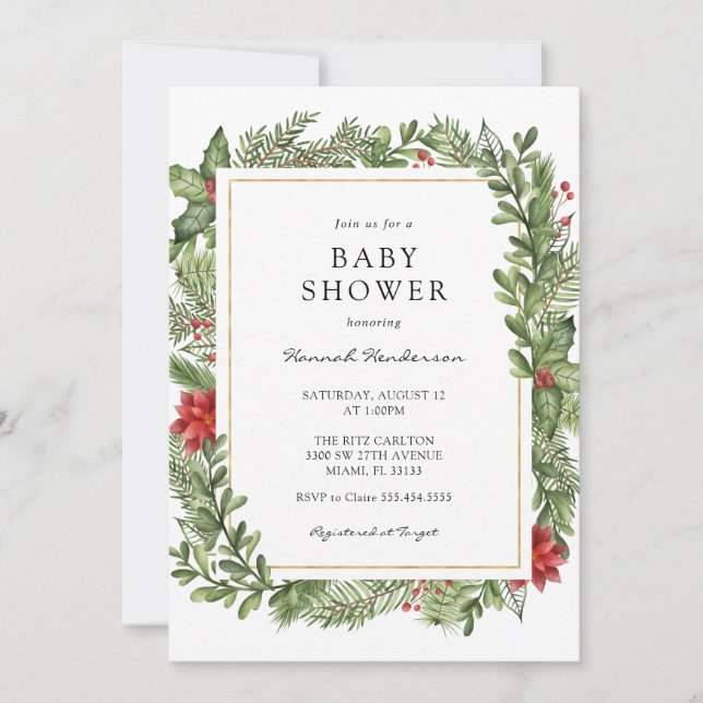 Vintergrönhet Guld Ram Baby Shower Inbjudningar (Framsida)