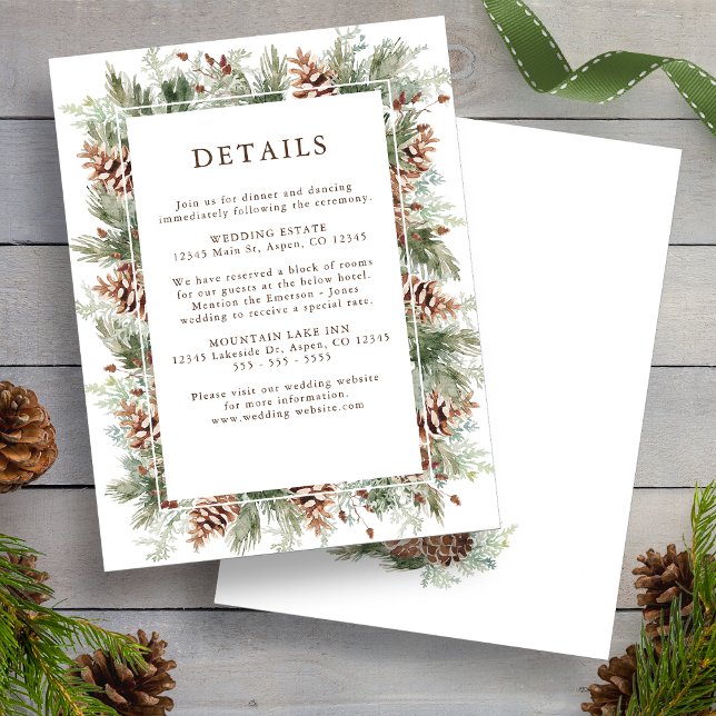 Vintergrönhet Höjdpunkter Bröllopsbiljett Tilläggskort (Winter Greenery Holiday Pine Wedding Enclosure Cards by Painted Paperie
)