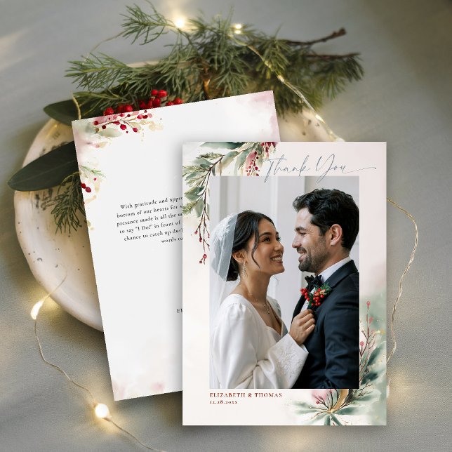 Vintergrönhet Röd Jul Chic Foto Tackkort Tack Kort (winter christmas wedding bridal shower thank you card greenery botanical berries red green romantic)