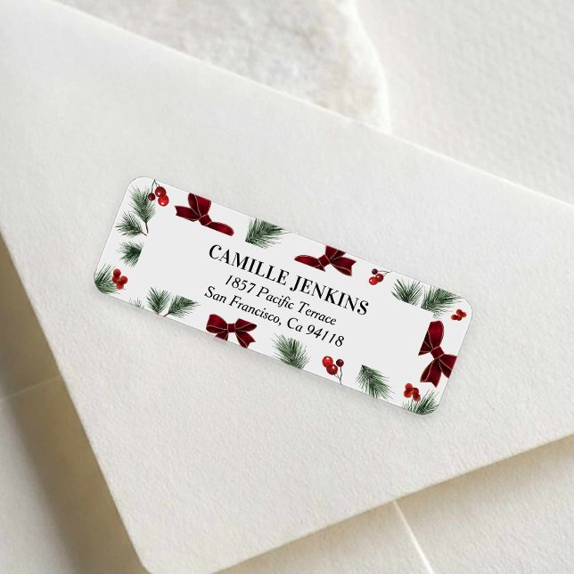 Vintergrönhet Röd Slinga Returadressetikett Returadress Etikett (Red Bow and Winter Greenery Christmas Theme Return Address Label)