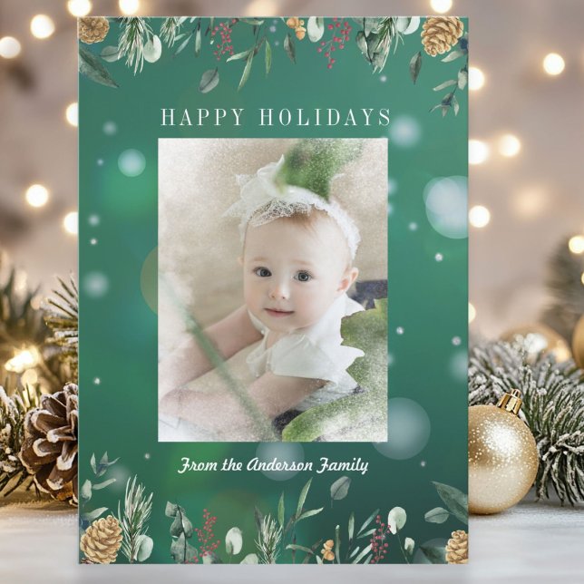 Vintergrönhet Snö Bokeh Foto Semestkort Julkort (Winter Greenery Snow Bokeh Photo Holiday Card)