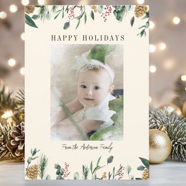 Vintergrönhet Snö Overlay Foto Julkort (Winter Greenery Snow Photo Beige Holiday Card)