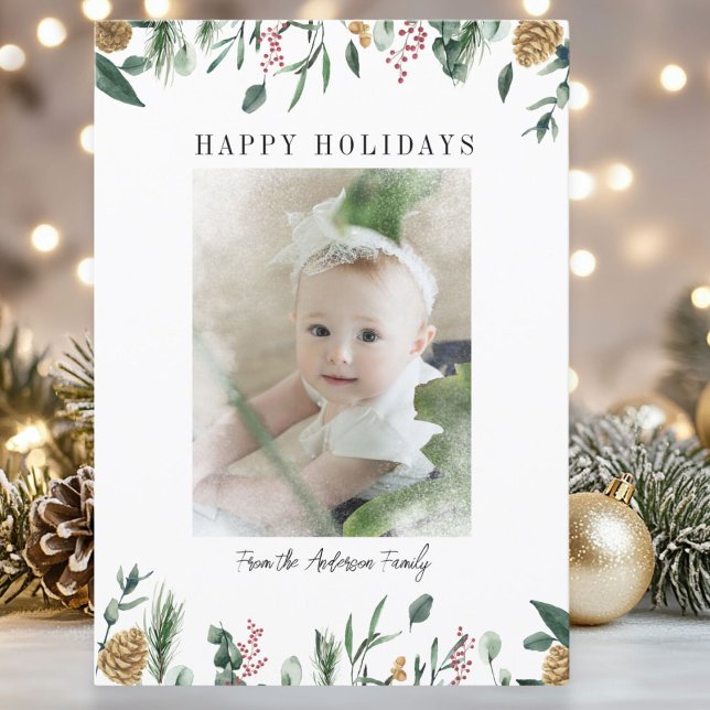 Vintergrönhet Snööverlägg  Julkort Foto (Winter Greenery Snow Bokeh Photo Holiday Card)