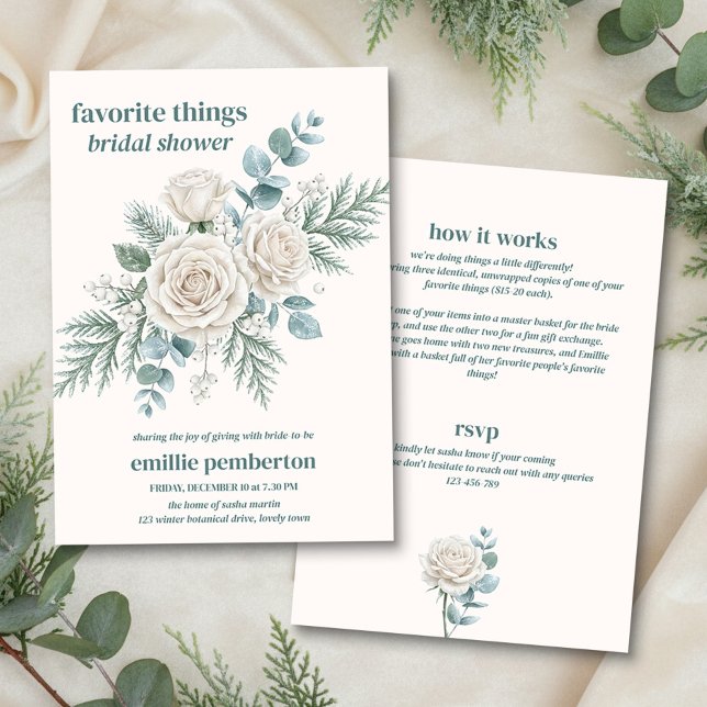 Vintergrönsak favorit saker bröllopsdusch inbjudningar (Favorite Things Winter Bridal Shower Invitation by Darling & May)