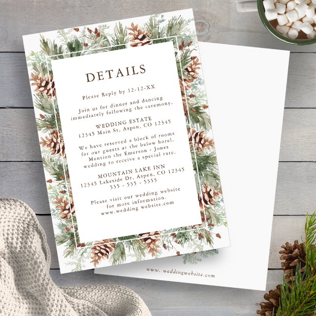 Vintergrönska Bröllopsföljekort Inbjudningar (Winter Greenery Pinecone Wedding Details Enclosure Cards by Painted Paperie
)