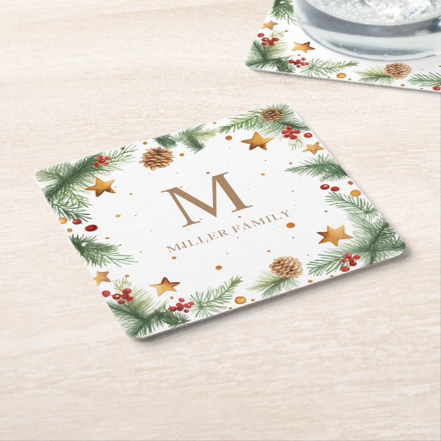 Vintergrönska Stjärnor Jul Monogram Underlägg Papper Kvadrat (Vinklad)