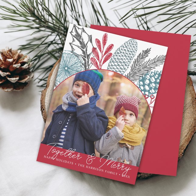 Vintergrönska Tillsammans och Glad Julbild Julkort (Winter Greenery Together and Merry Photo Holiday Card)