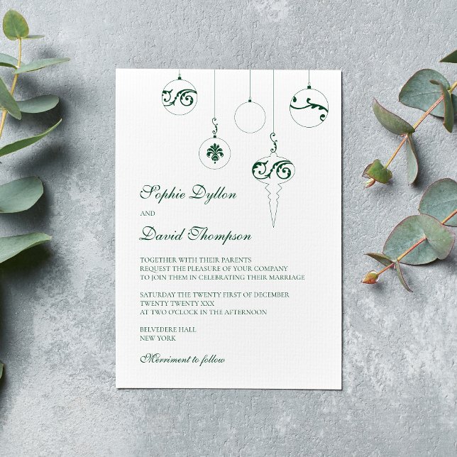 VinterGrönten jul Bauble Ornaments Bröllop Inbjudningar (Winter Wedding Christmas Baubles Wedding Invitation - Pine Green)